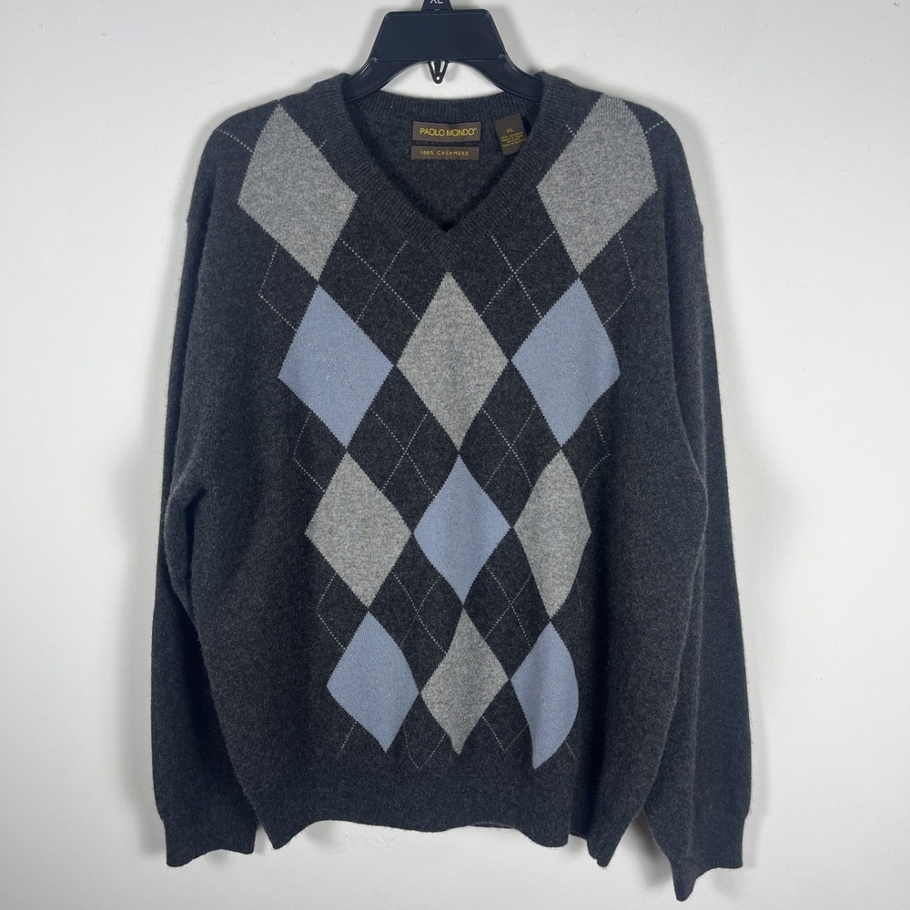 Paolo Mondo Men 100% Cashmere Diamond Argyle V Neck Sweater Gray XL Old Money